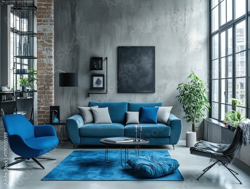 Blue sofa loft apartment interior design photo