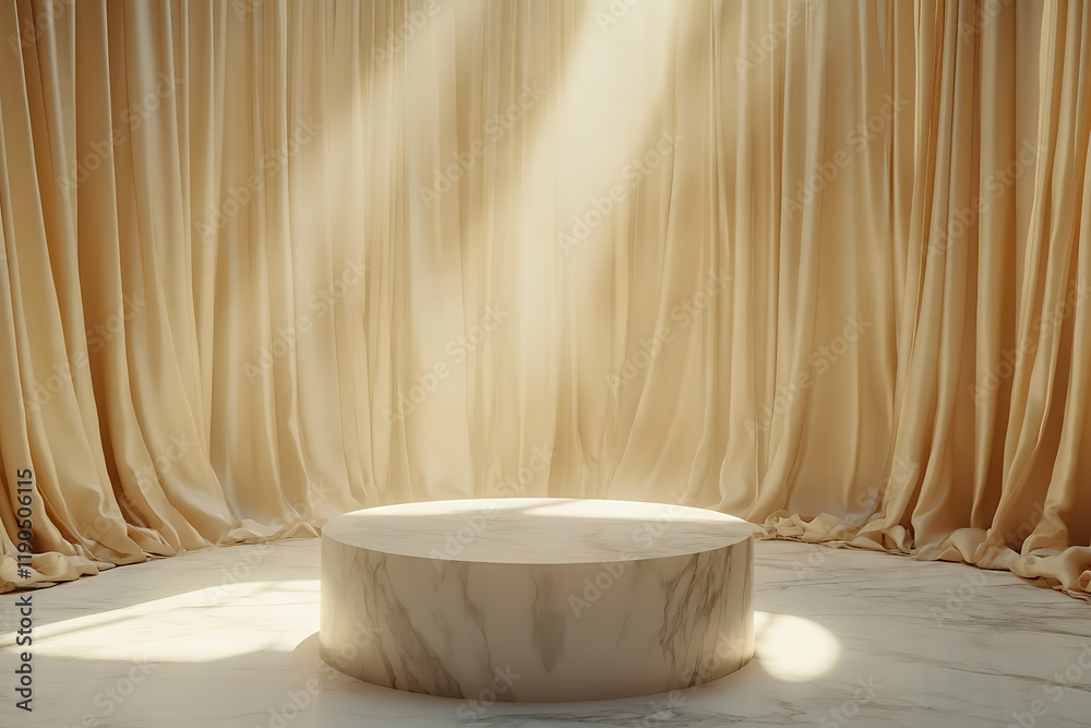 Elegant Marble Podium Display with Soft Beige Curtains Elegant Marble Podium Display with Soft Beige Curtains