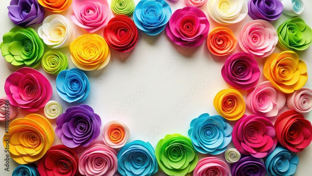 A vibrant arrangement of colorful paper roses in a circular pattern against a soft white background, paper flowers, colorful blooms A vibrant arrangement of colorful paper roses in a circular pattern against a soft white background, paper flowers, colorful blooms