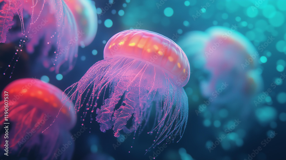 Naklejka premium a mesmerizing underwater scene featuring glowing jellyfish, illuminated by bioluminescent pink and purple hues, floating gracefully in deep blue water 