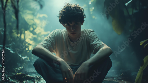 a moody portrait of a young boy sitting in a lush jungle environment, cinematic lighting, contemplative expression, solitude in nature, serene atmosphere, forest ambiance, vibrant greenery  photo