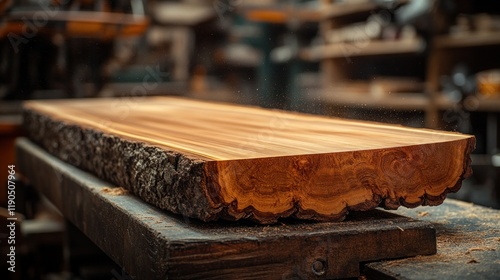 Live edge wood slab on workbench in workshop.