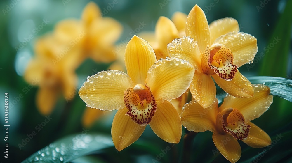 Fototapeta premium Close-up shot of several vibrant yellow orchids with water droplets on their petals with a soft focus green background