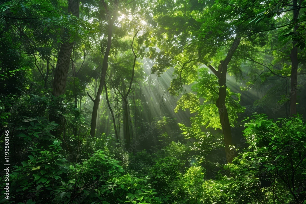Fototapeta premium Sunlight filtering through dense green foliage in a lush forest, highlighting the vibrant greenery and creating a serene atmosphere.