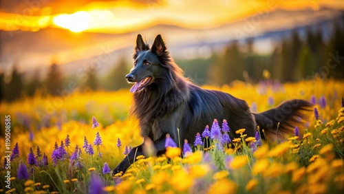 Black Belgian Sheepdog Groenendael Running Wildflowers Sierra Nevada Mountains Bokeh photo