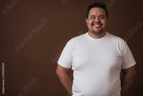 plus sized hispanic man in white tshirt posing confidently against brown background photo