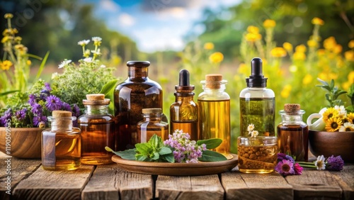 Aromatic oil blending on a wooden table, aromatherapy, herbalism, aromatherapy