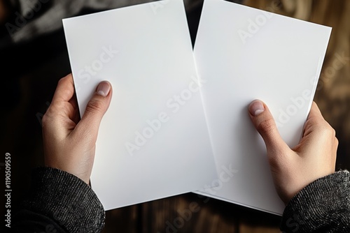 overhead shot of hand holding blank white page

