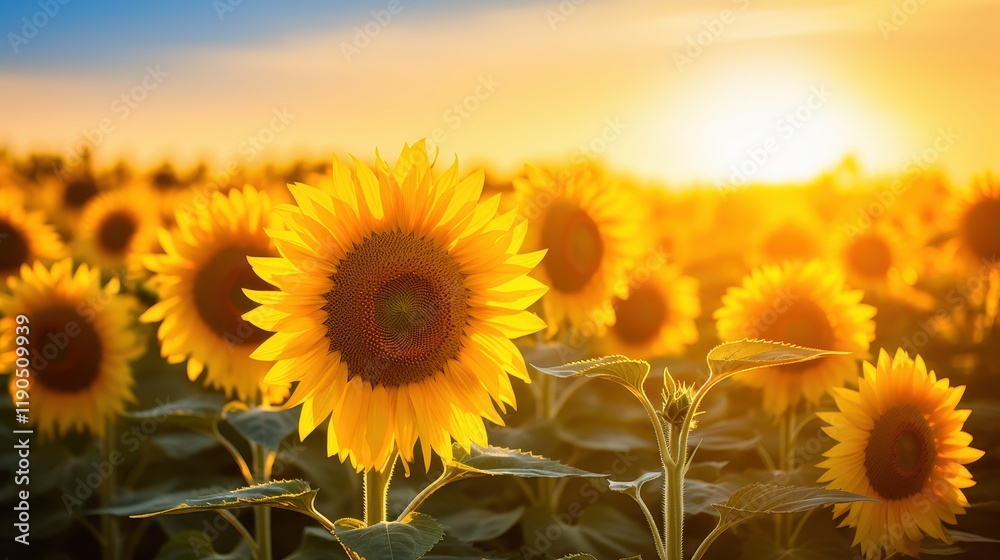 Fototapeta premium Golden Hour Bliss: Stunning Sunflower Field Bathed in Warm Sunlight