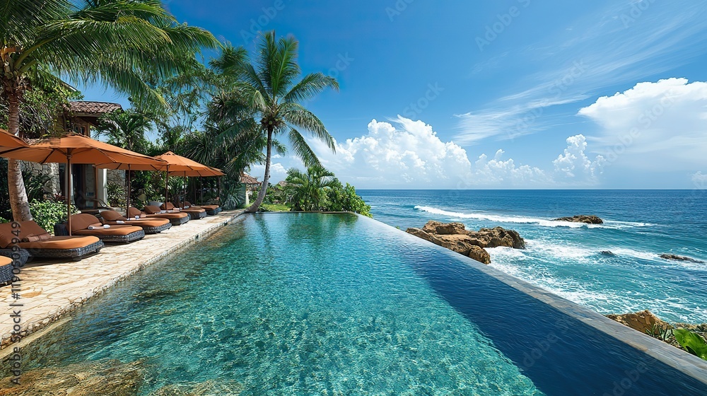 An island resort offers a stunning view of the pool and beach, with palm trees swaying under blue skies An island resort offers a stunning view of the pool and beach, with palm trees swaying under blue skies