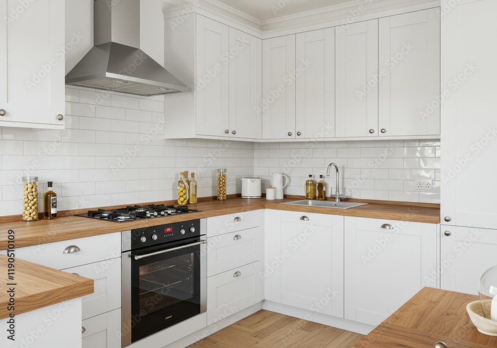 Fototapeta premium Modern white kitchen, subway tile backsplash, wooden countertops, stainless steel appliances, minimalist design, bright interior, clean aesthetic, open shelving, natural light, sleek hardware, farmhou