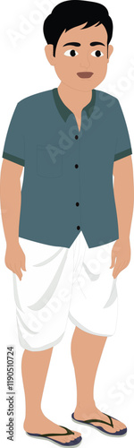 Poor village boy cartoon character wearing dhoti and shirt. An Indian kid character design standing with slippers on. 