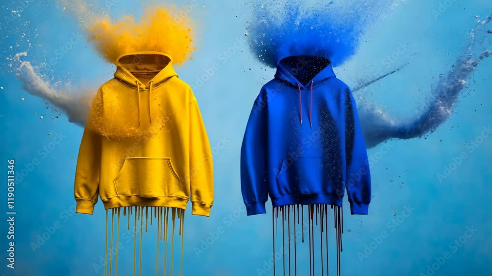 Two hoodies are hanging on a wall with paint dripping from them. The hoodies are yellow and red