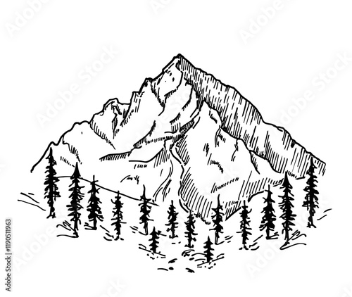 Mountain landscape with trees. Outdoor and hiking concept. Hand drawing mountain panorama. Sketch