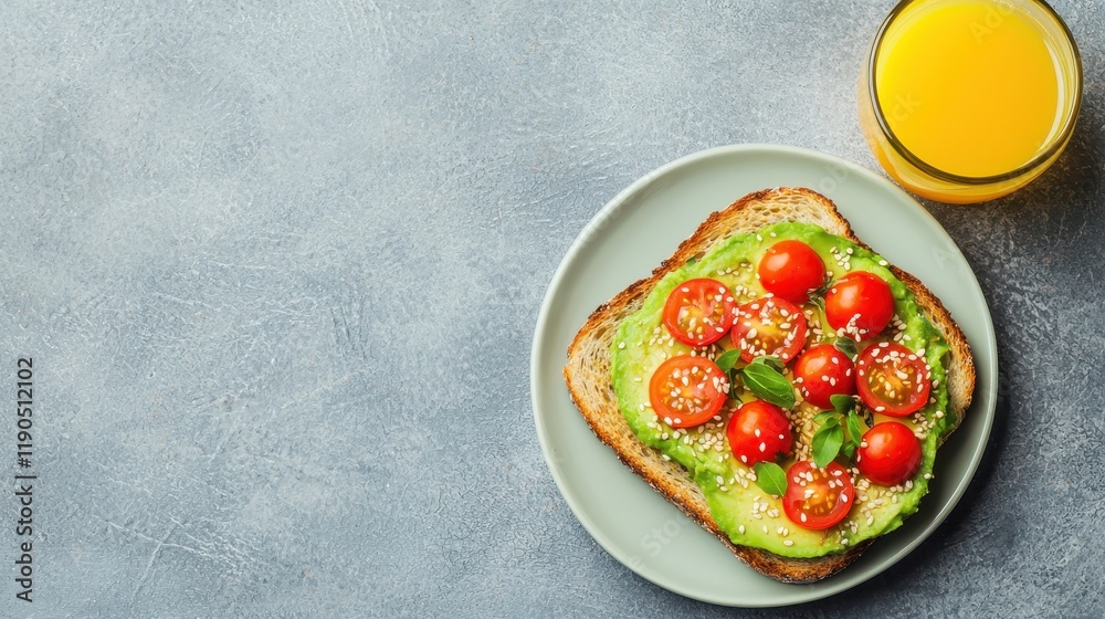 A vibrant plate featuring avocado toast topped with cherry tomatoes, accompanied by a refreshing glass of orange juice on a textured gray surface. A vibrant plate featuring avocado toast topped with cherry tomatoes, accompanied by a refreshing glass of orange juice on a textured gray surface.
