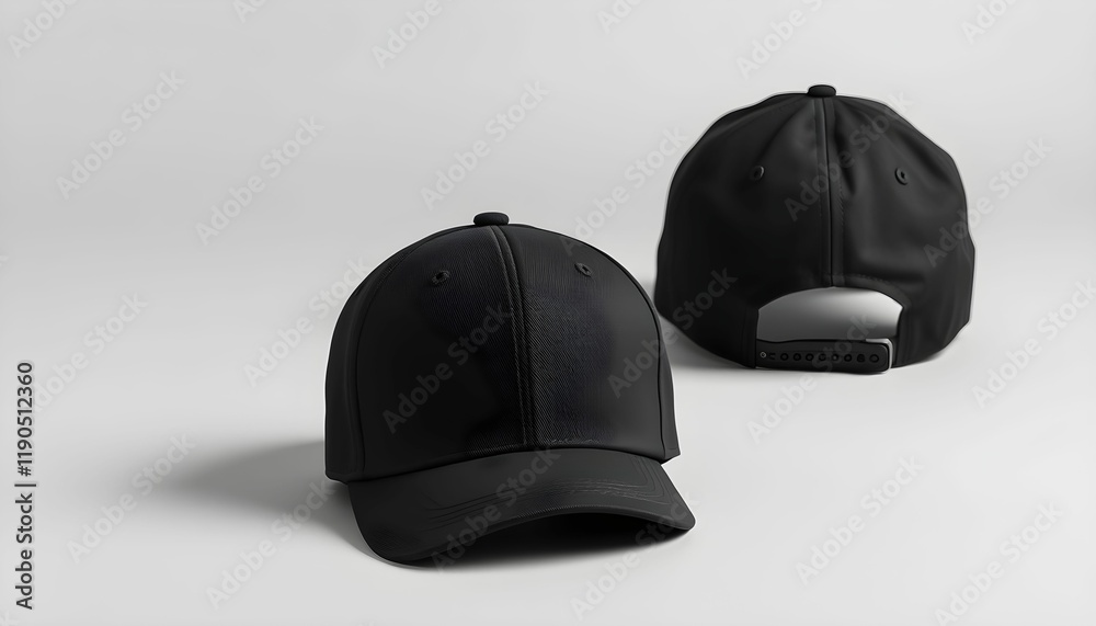 black baseball caps, minimalist, monochrome, high contrast, studio lighting, fabric texture, adjustable strap, curved brim, smooth surface, simple background, product photography black baseball caps, minimalist, monochrome, high contrast, studio lighting, fabric texture, adjustable strap, curved brim, smooth surface, simple background, product photography