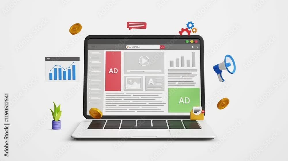 Digital traffic analysis, SEO, search engine optimization, web traffic, marketing or ranking concept. Paid ads or promotion on web page. 4K 3D animation