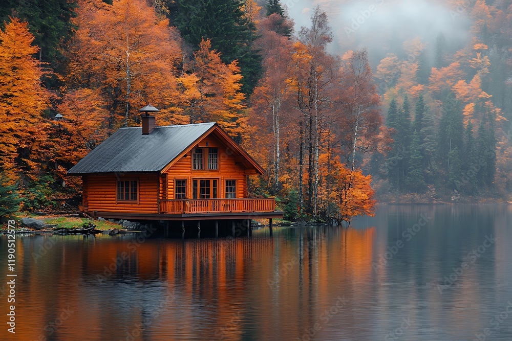 Fototapeta premium Autumnal Lakeside Cabin Nestled Among Colorful Trees
