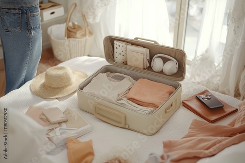 Cozy travel preparation scene  organizing a beige suitcase on a neatly made bed with essentials photo