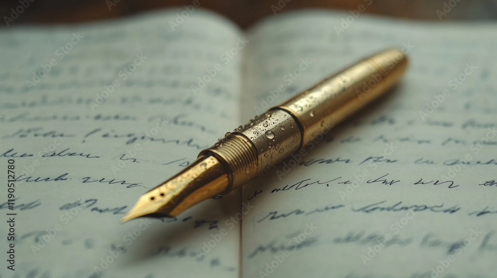 Fototapeta premium A sleek pen with a metallic finish placed on an open notebook with handwritten notes