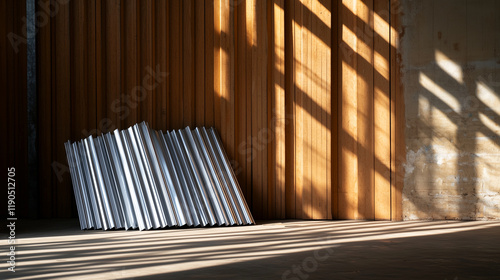 A pile of corrugated metal roofing sheets leans casually against a wooden partition in a large warehouse, the interplay of light and shadow emphasizing their ridged design. photo