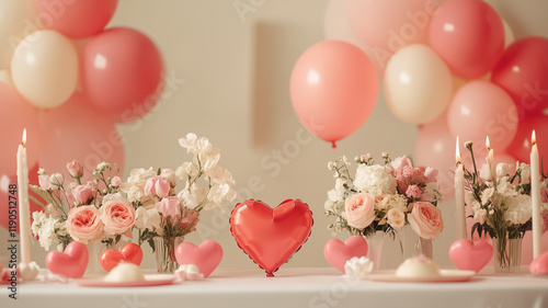 Valentine's Day table setting with heart-shaped balloons, flowers, and candles. Valentine's Day decoration for a romantic dinner. Ai generated