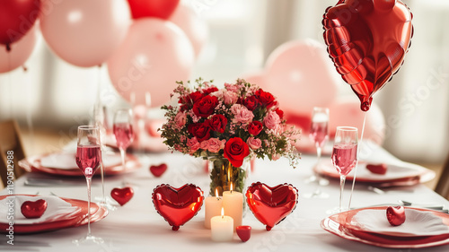 Valentine's Day table setting with red and pink flowers, balloons, candles, and heart-shaped foil balloons on a festive background. Valentine's Day party decoration concept. Ai generated
