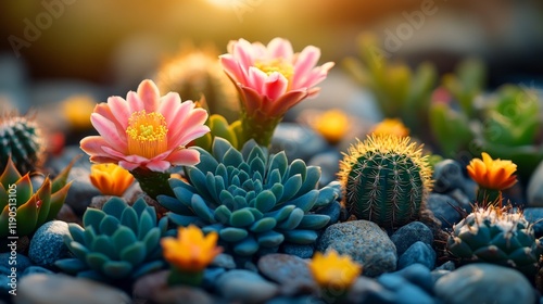 Fototapeta Naklejka Na Ścianę i Meble -  Vibrant blooming cactus and succulents amidst smooth stones at sunset casting golden glow