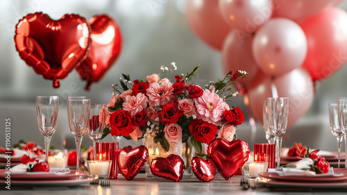 Valentine's Day table setting with red and pink flowers, balloons, candles, and heart-shaped foil balloons on a festive background. Valentine's Day party decoration concept. Ai generated