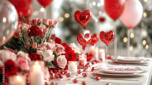 Valentine's Day table setting with red and pink flowers, balloons, candles, and heart-shaped foil balloons on a festive background. Valentine's Day party decoration concept. Ai generated