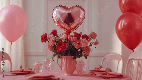 Valentine's Day table setting with red and pink flowers, balloons, heart-shaped foil balloon in a vase on an elegant dinner party or romantic. Ai generated