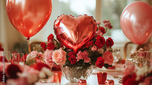 Valentine's Day table setting with red and pink flowers, balloons, heart-shaped foil balloon in a vase on an elegant dinner party or romantic. Ai generated