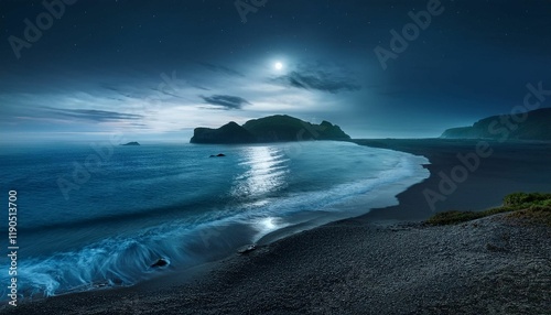 8K high quality image of a midnight scene with islands, peninsulas, sandy beaches, rocks, and a stunning horizon with a serene sky and calm sea in the pitch black night.

 photo