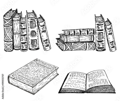 Vintage hand draw  books set. Opened and closed books isolated on white background. Literature book sketch, hand drawing literary