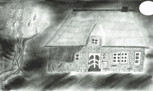 Thatched House - Hand-drawn pencil and graphite drawing.