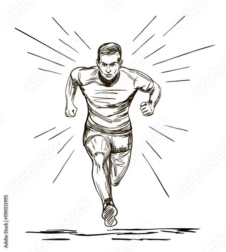 Running man, isolated silhouette, ink drawing. Athlete running, sports illustration isolated in white background. Run, front view male runner. Striving forward, achievements