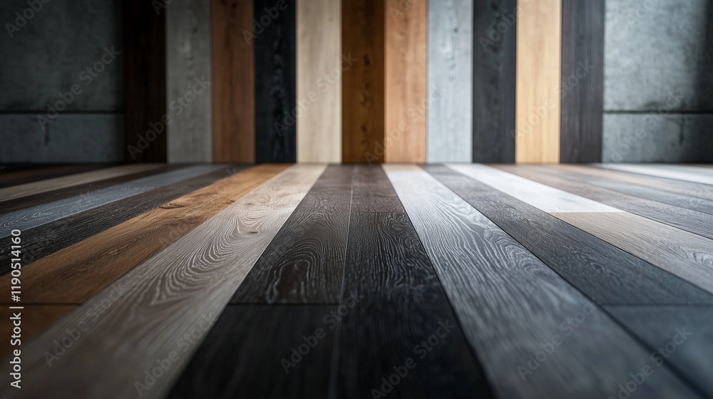 Laminate flooring planks with a variety of wood finishes displayed in a precise gradient pattern, set against a matte gray background for a modern aesthetic. Laminate flooring planks with a variety of wood finishes displayed in a precise gradient pattern, set against a matte gray background for a modern aesthetic.