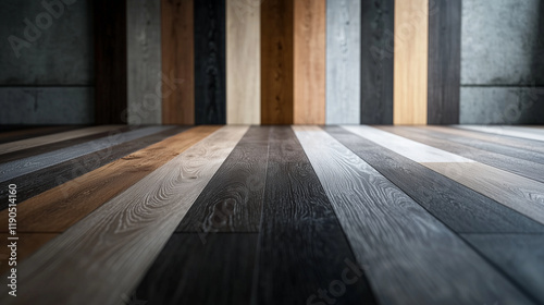Laminate flooring planks with a variety of wood finishes displayed in a precise gradient pattern, set against a matte gray background for a modern aesthetic.