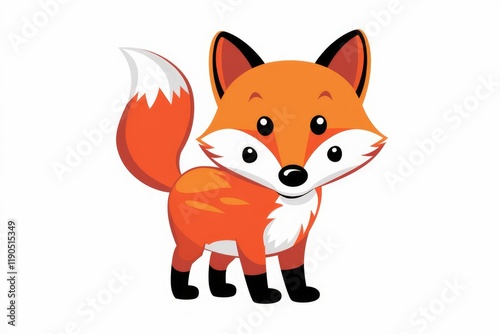 A cute cartoon fox with orange fur and a bushy tail, standing on a white background.