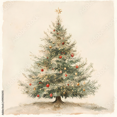 Hand-Painted Watercolor Illustration of a Decorated Christmas Tree with Star