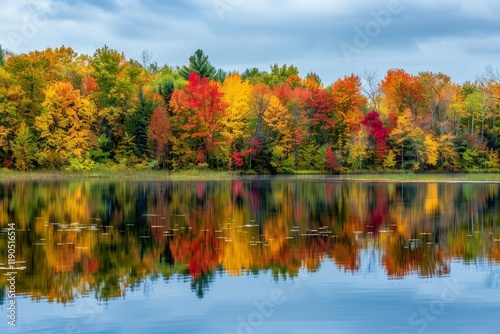 Fototapeta Naklejka Na Ścianę i Meble -  A tranquil lake reflecting a vibrant display of autumn foliage, showcasing natures beauty, A serene lake reflecting colorful trees in their fall glory