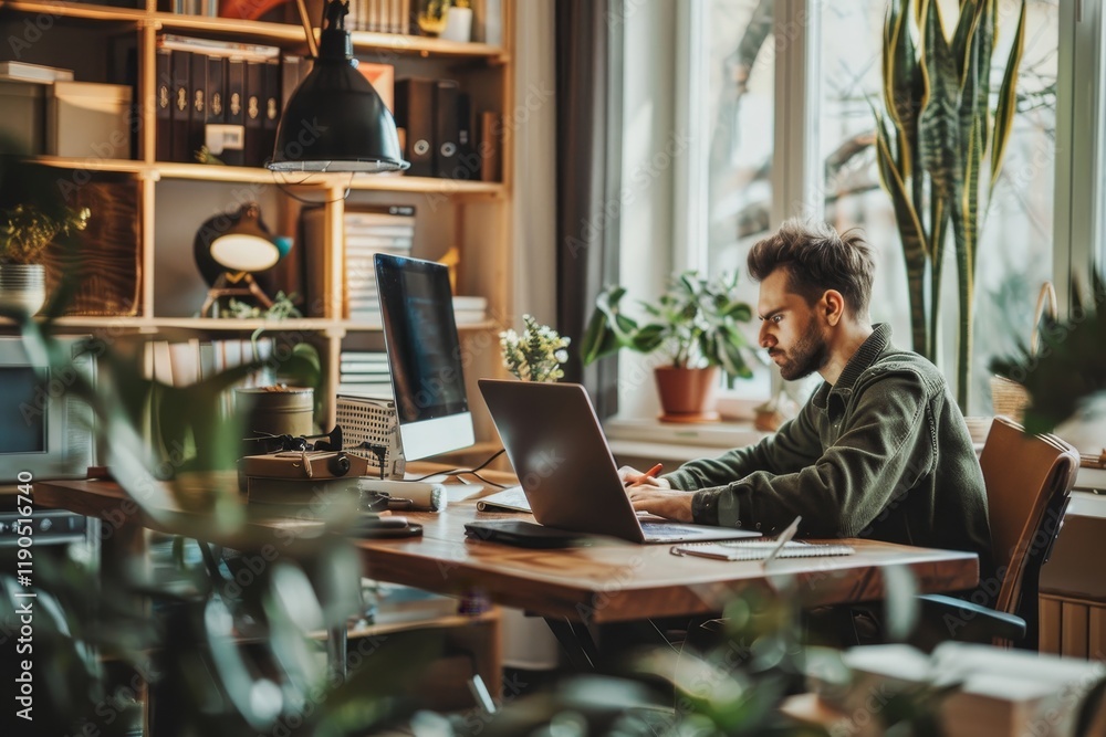 Obraz premium A man sits at a desk in his home office, working on a laptop, An employee balancing work and family life in a comfortable workspace