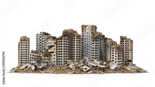 3D illustration of ruined skyscrapers buildings in a post-apocalyptic cityscape, showcasing collapsed structures and urban decay isolated on a white background, symbolizing destruction and disaster