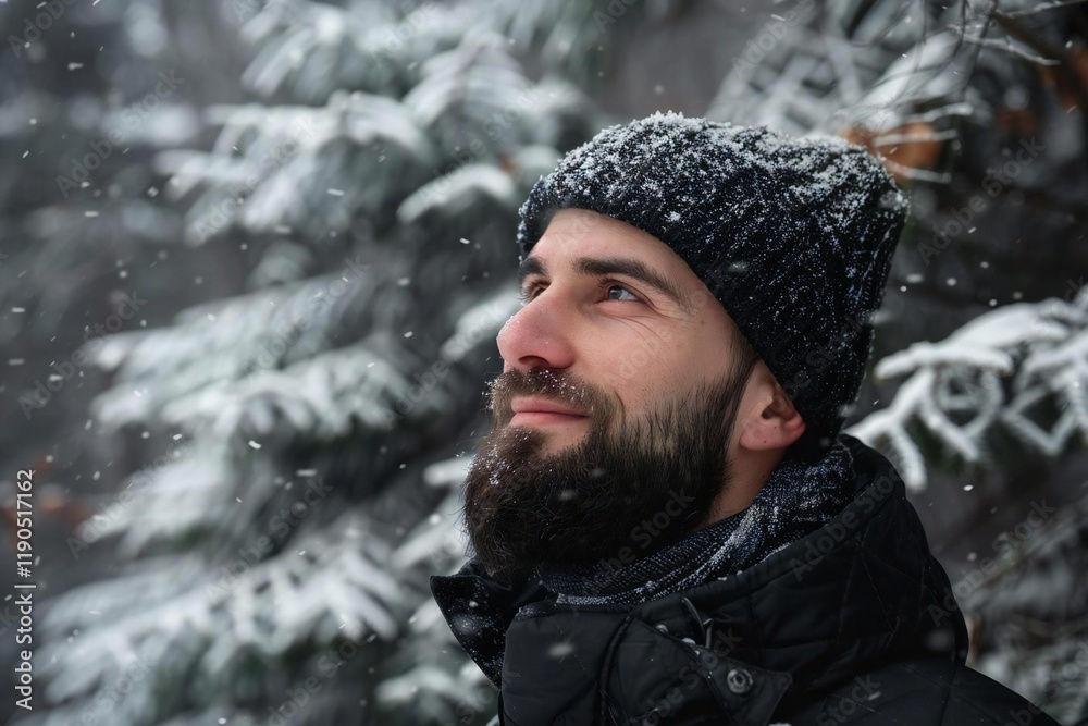 Handsome Caucasian Man with Beard in Winter Wonderland: Snow-Covered Fir Trees in Forest with Path Handsome Caucasian Man with Beard in Winter Wonderland: Snow-Covered Fir Trees in Forest with Path