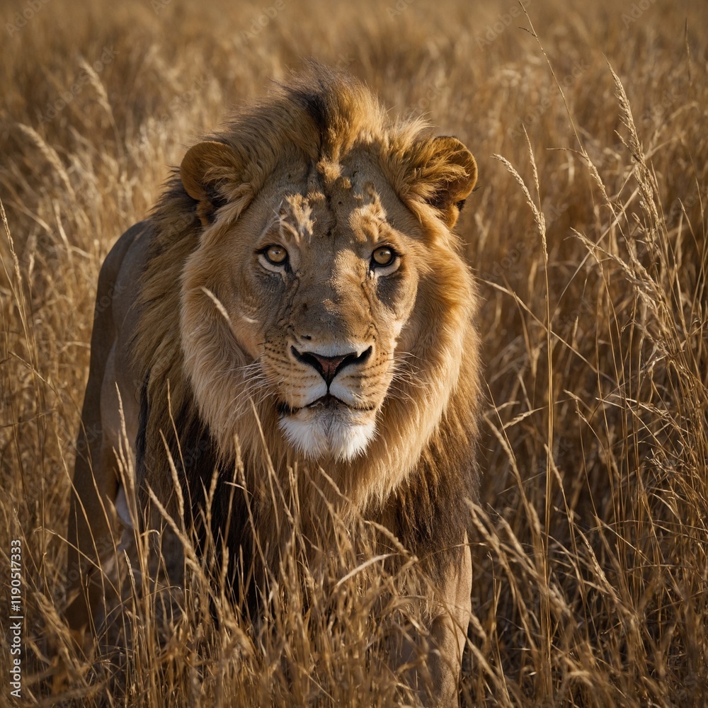 A lion stalking through tall golden grass, eyes fixed on its target. A lion stalking through tall golden grass, eyes fixed on its target.