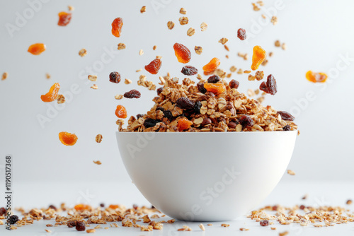 Bowl of granola with a variety of dried fruits, nuts, and seeds, on a wooden table.