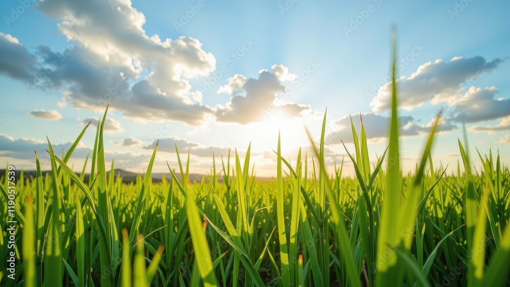 Obraz premium Golden sunset bathes verdant grass; sunlight pierces pastel-blue skies dotted with fluffy cumulus clouds, casting an ethereal glow across the serene landscape