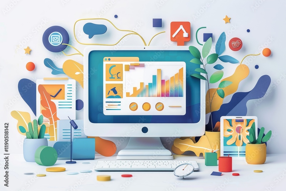 A white desktop with a computer displaying charts and graphs, a plant, keyboard, and other desktop items, Designing visually appealing graphics for online advertisements A white desktop with a computer displaying charts and graphs, a plant, keyboard, and other desktop items, Designing visually appealing graphics for online advertisements