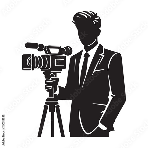 Journalist Silhouette Vector Illustration, Solid White Background.