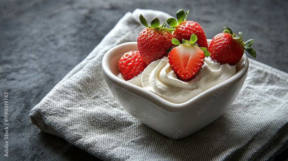 A heart-shaped bowl filled with strawberries and whipped cream on a linen napkin A heart-shaped bowl filled with strawberries and whipped cream on a linen napkin